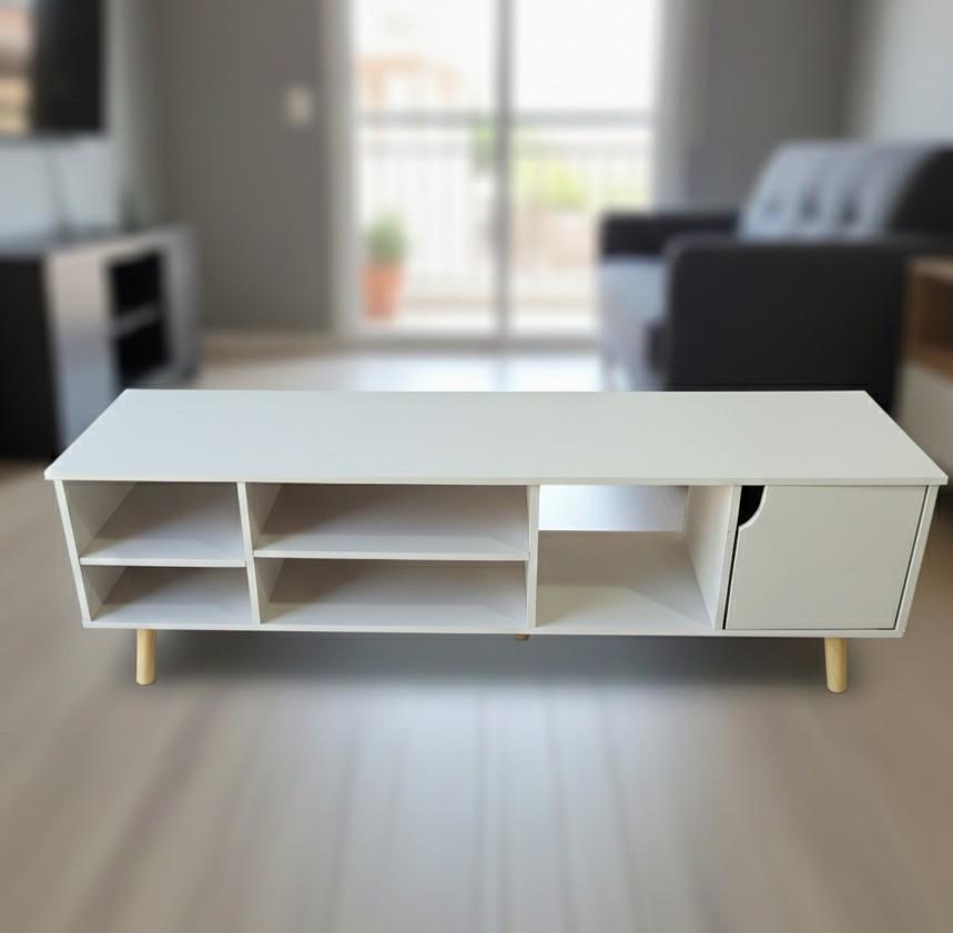 Rack TV nórdico — Blanco con patas de madera, 120 o 140 cm